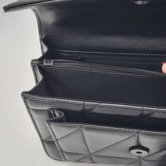 Black Quilted Genuine Leather Crossbody Bag With Chain Strap & Magnetic Closure - Picture 6 of 12